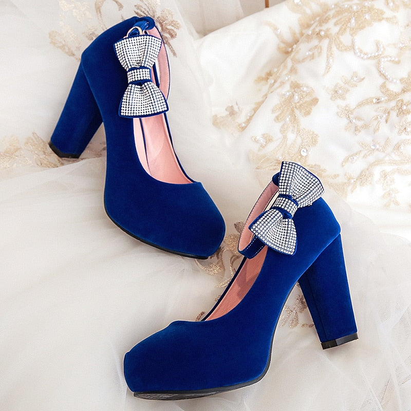 Rimocy women's plus size 45 crystal bowtie pumps super high square heels ankle strap party wedding shoes woman flock shoes 2019