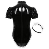 Sexy Fashion Mens Male Adults Sissy Maid Cosplay Costume Wet Look Patent Leather High Neck Short Puff Sleeve Leotard Bodysuit