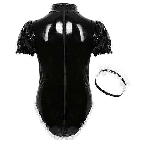 Sexy Fashion Mens Male Adults Sissy Maid Cosplay Costume Wet Look Patent Leather High Neck Short Puff Sleeve Leotard Bodysuit