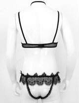 MSemis Male Sexy See Through Sheer Lace Trim Lingerie Set Transparent Bra Top Open Butt Jockstrap Briefs Sissy Panties Underwear