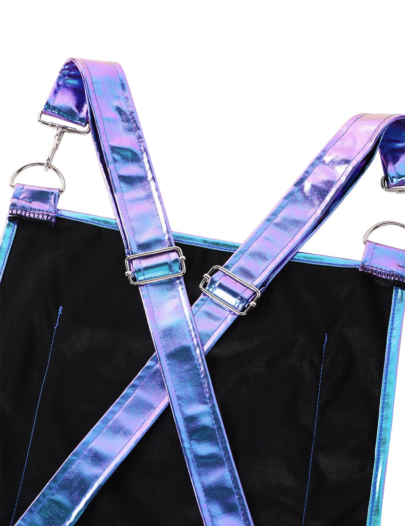 Womens Shiny Metallic Holographic Dress Costumes Clubwear A-line Pleated Bib Overall Pinafore Sissy Dress Braces Mini Suspender