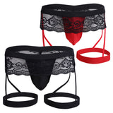 Sexy Lingerie Lace Mens Thongs and G-strings Bikini Gay Underwear Underpants Bulge Pouch Open Crotch Sissy Panties with Garters