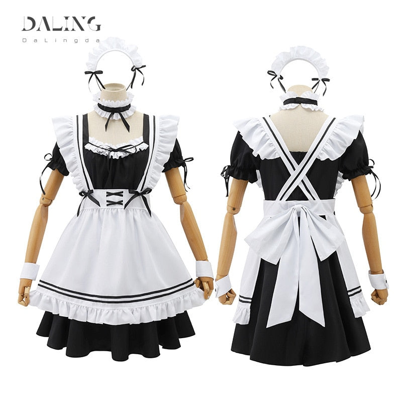 7 Piece Set French Maid Outfit Lolita Cosplay Dresses Girls Amine Cute Waitress Cafe Woman Dress Sissy Maid Costumes Uniform
