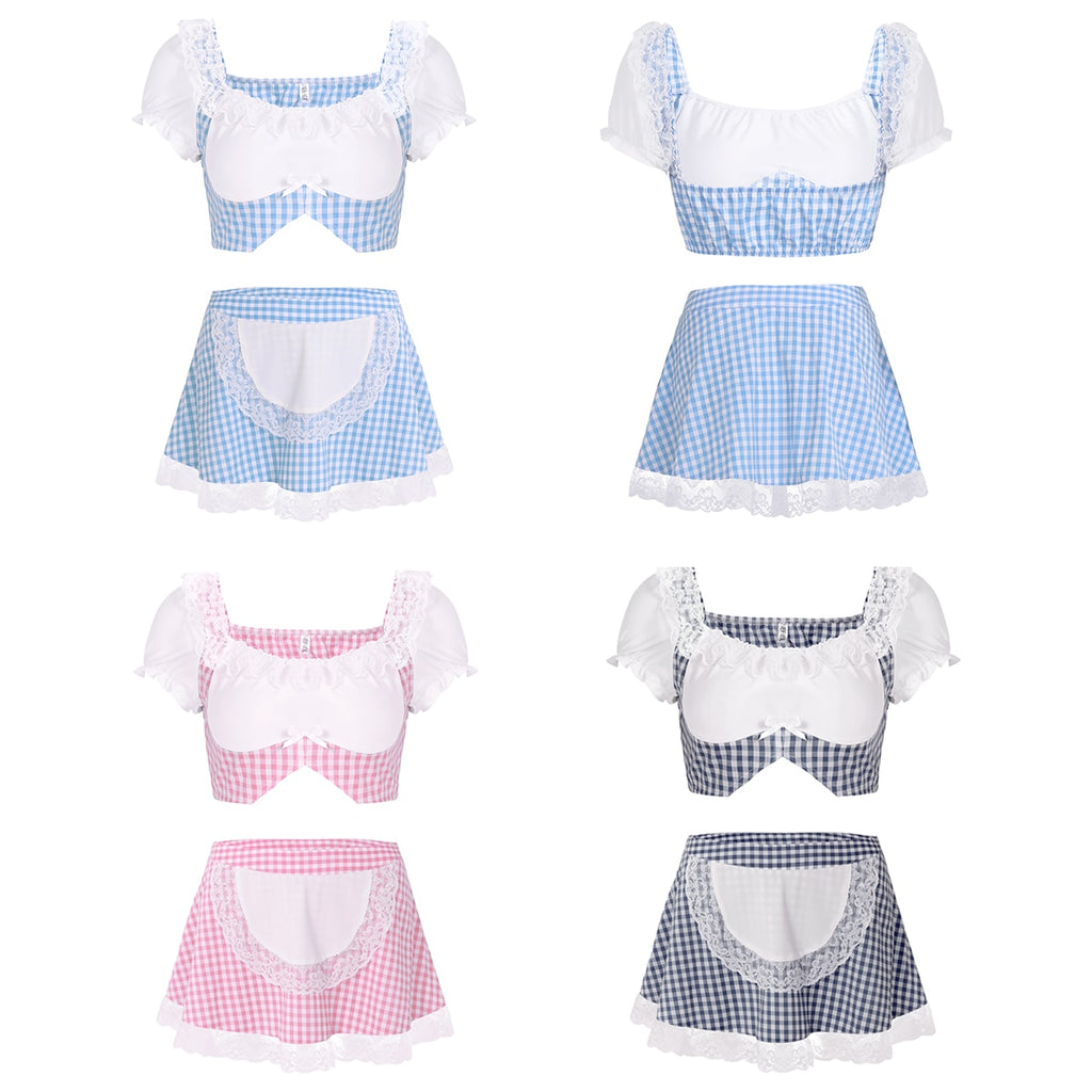 Women Lovely Scotland School Girl Cosplay Uniform Sexy Adult Baby Maid Apron Skirt Outfit Sissy Babydoll Lolita Roleplay Costume