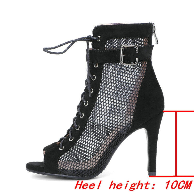 Mesh Short Boots Zipper Back High Heels