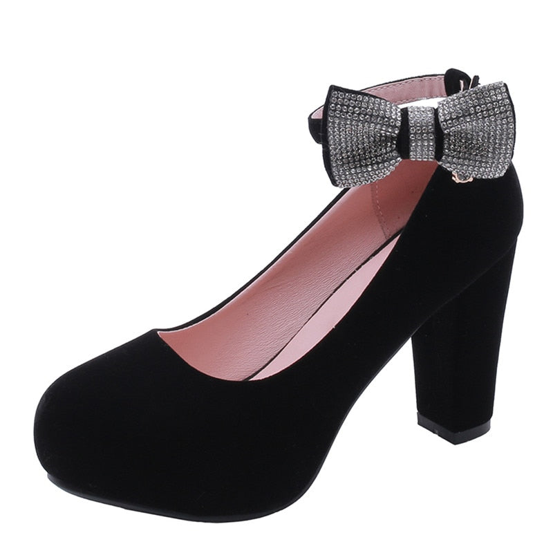 Crystal Bowtie Square Heels With Ankle Strap