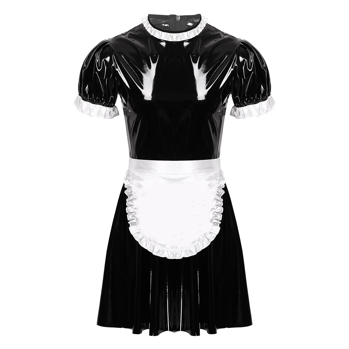 Adult Mens Sissy Maid Role Play Cosplay Costume Set Short Puff Sleeve Wet Look Patent Leather Servant Uniform Flared Dress