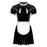 Adult Mens Sissy Maid Role Play Cosplay Costume Set Short Puff Sleeve Wet Look Patent Leather Servant Uniform Flared Dress