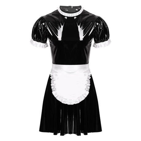 Adult Mens Sissy Maid Role Play Cosplay Costume Set Short Puff Sleeve Wet Look Patent Leather Servant Uniform Flared Dress