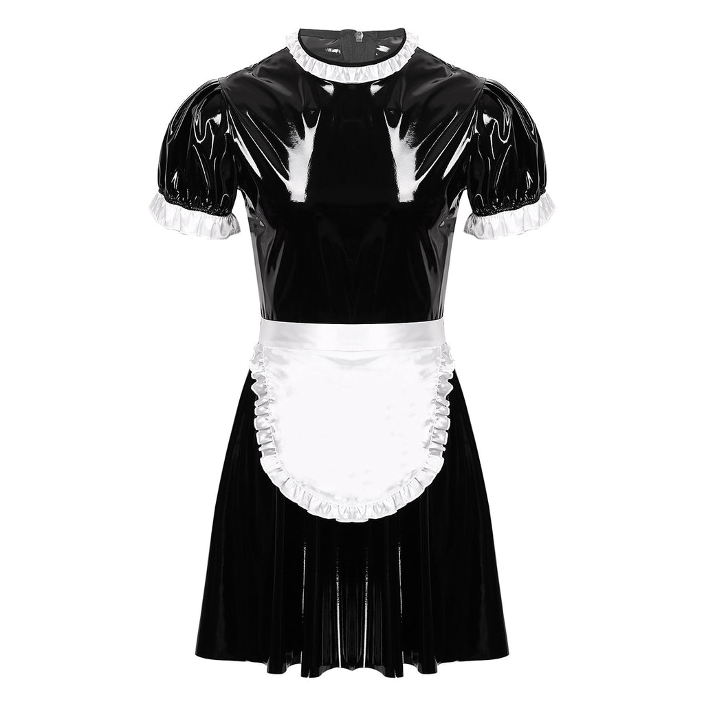 Sissy Maid Short Puff Sleeve Wet Look Patent Leather Flared Dress