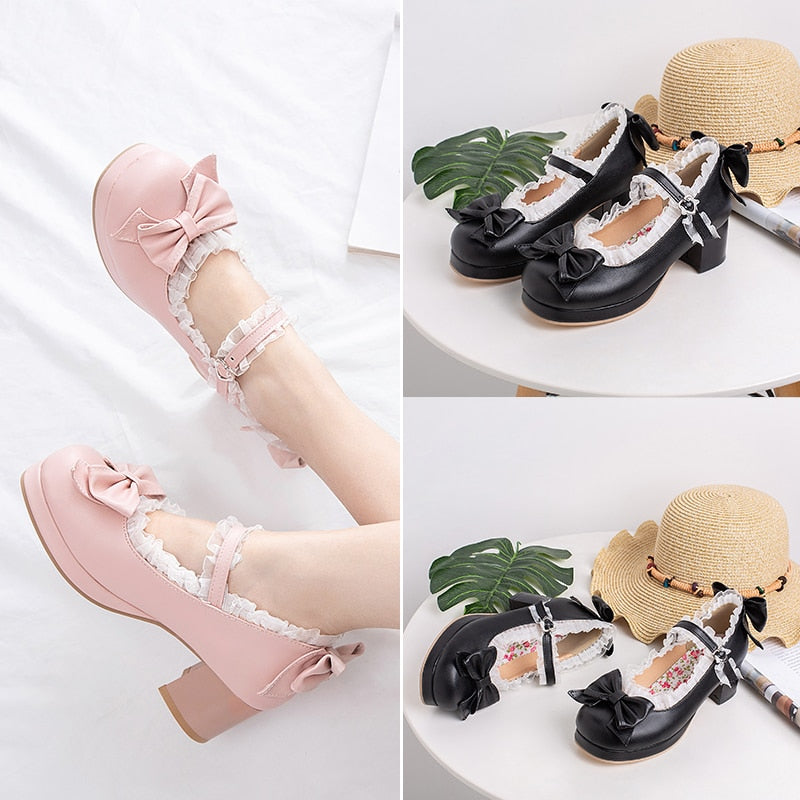 Sweet Lolita Ruffles Bowknot Lace Heeled Shoes