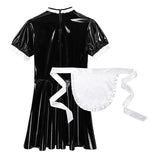 Adult Mens Sissy Maid Role Play Cosplay Costume Set Short Puff Sleeve Wet Look Patent Leather Servant Uniform Flared Dress