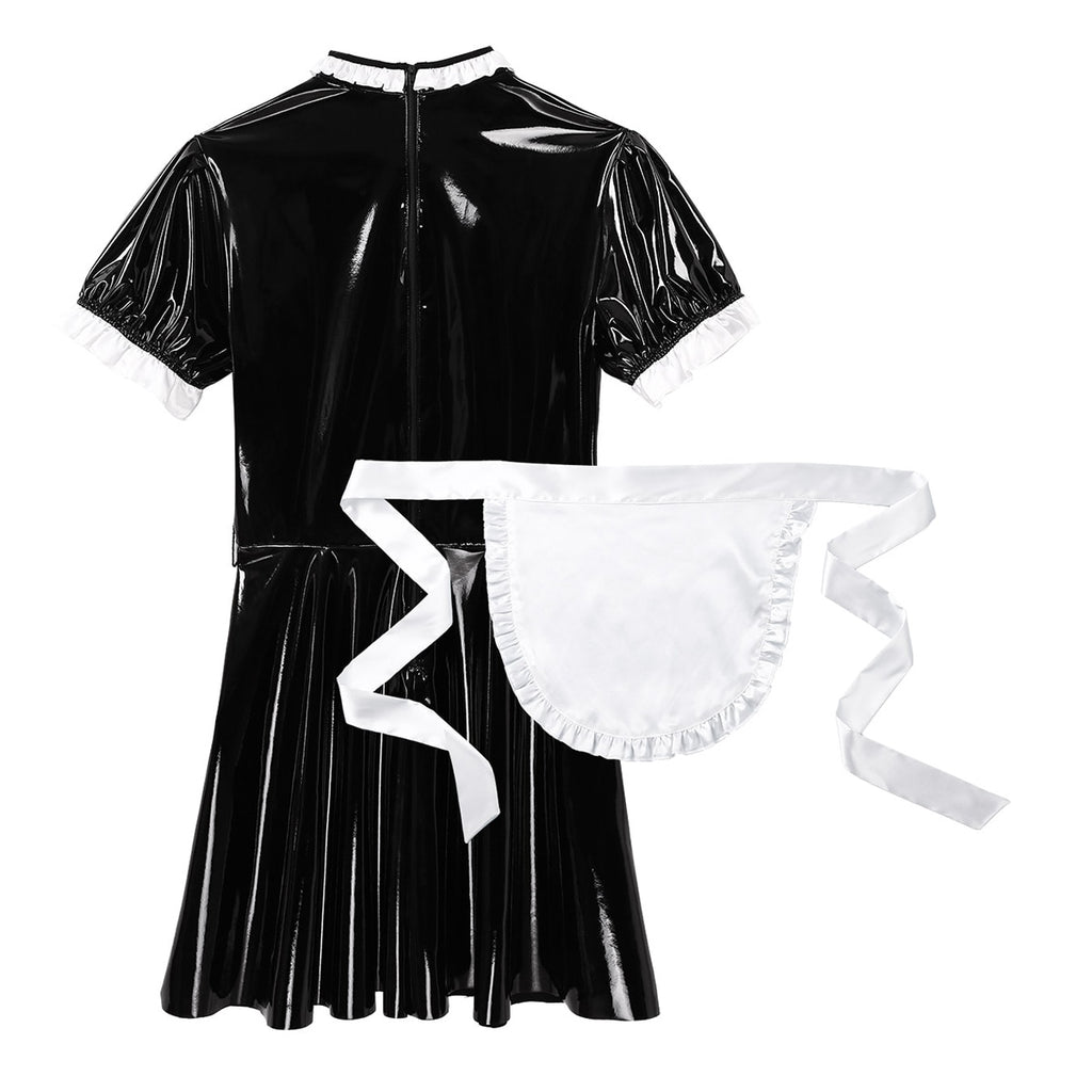 Adult Mens Sissy Maid Role Play Cosplay Costume Set Short Puff Sleeve Wet Look Patent Leather Servant Uniform Flared Dress