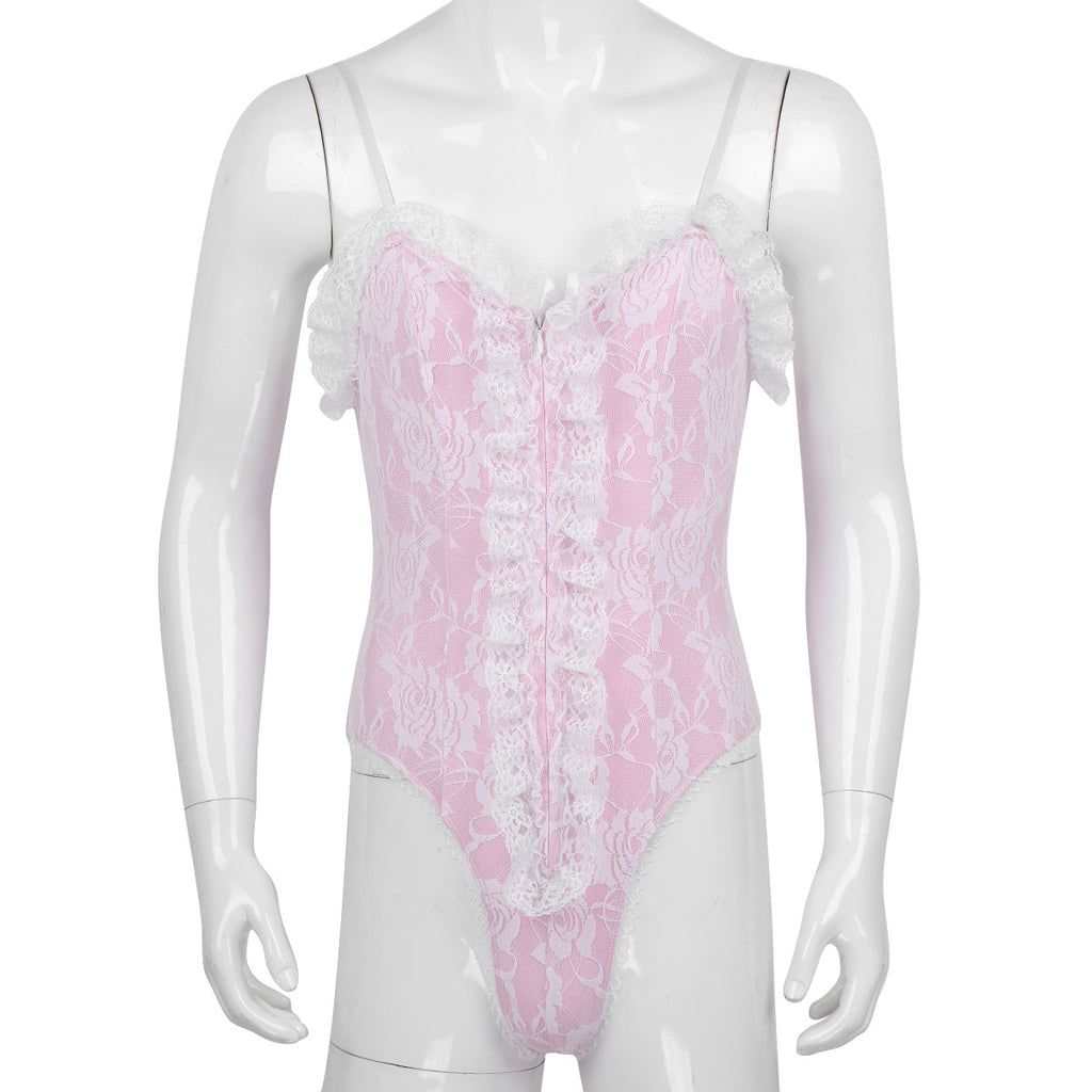 Mens Pink High Cut Ruffle Lace Teddy Crossdress Lingerie Floral Lace See Through Mesh Sissy Pouch Bodysuit Sexy Men Nightwear