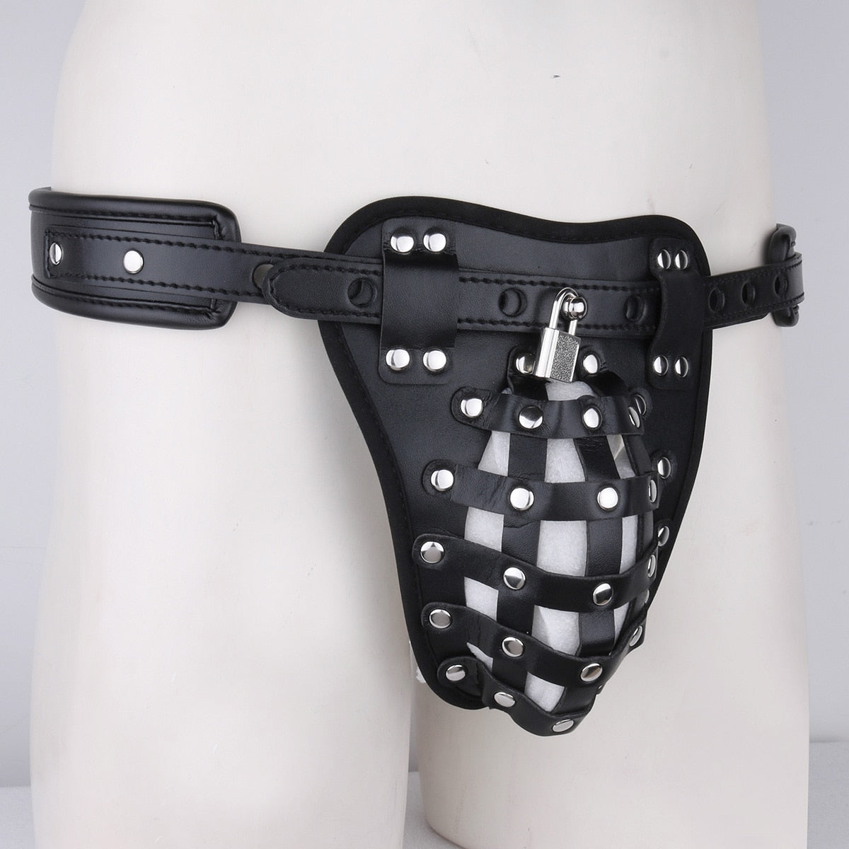 PU Leather Basket Locking Chastity Pouch Panties