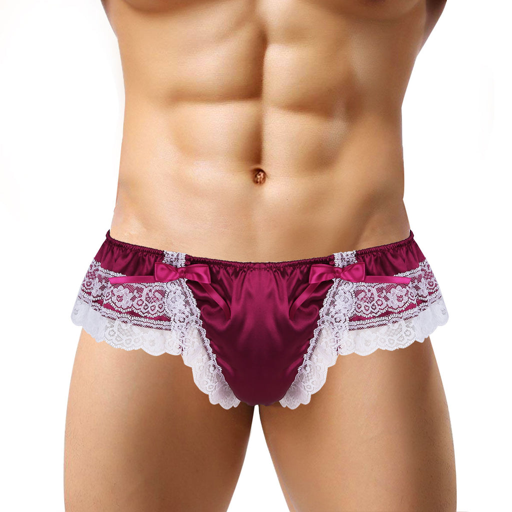 Sexy Male Mens Sissy Shiny Soft Satin Lingerie Double Layers Floral Lace Back with Big Bowknot Low Rise Bikini Thong Underwear
