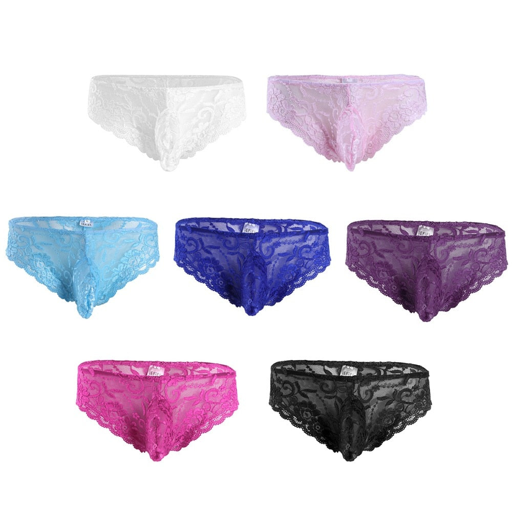 iEFiEL Sexy Men Lingerie Panties Lace Floral See-through Bulge Pouch Jockstraps Bikini Briefs Underwear Underpants for Gay Mens