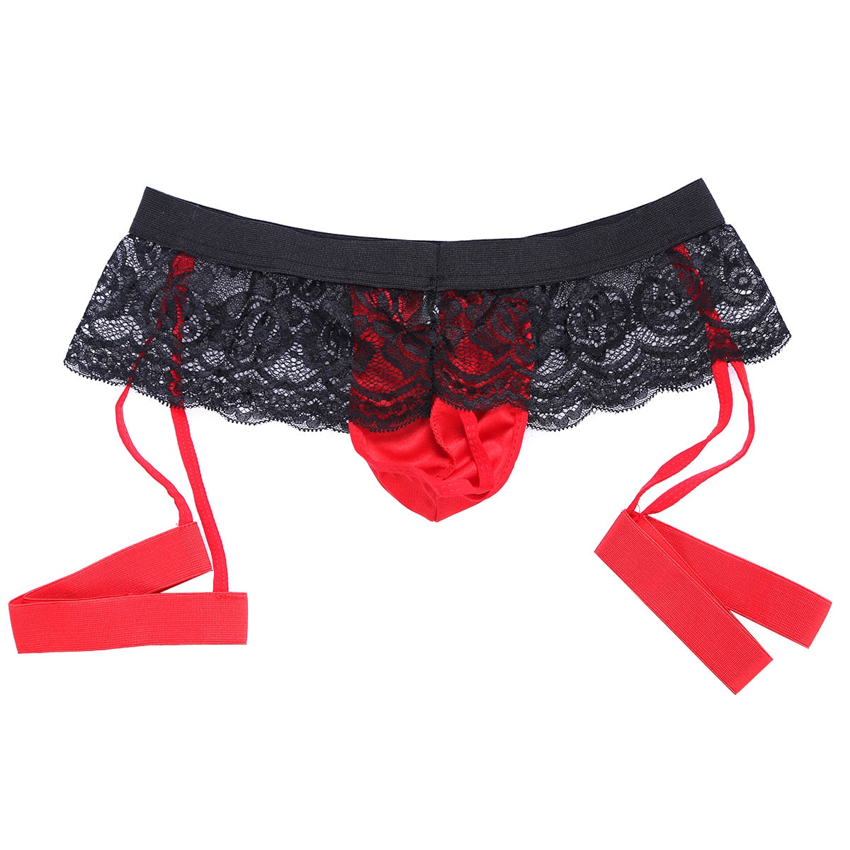 Sexy Lingerie Lace Mens Thongs and G-strings Bikini Gay Underwear Underpants Bulge Pouch Open Crotch Sissy Panties with Garters