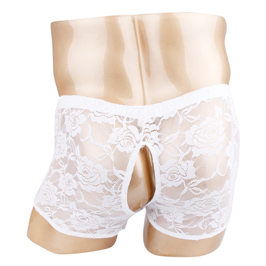 iEFiEL Sexy Lingerie Boxer Shorts Mens Male See-through Sheer Lace Open Butt Gay Panties Open Pouch Sissy Underwear Underpants