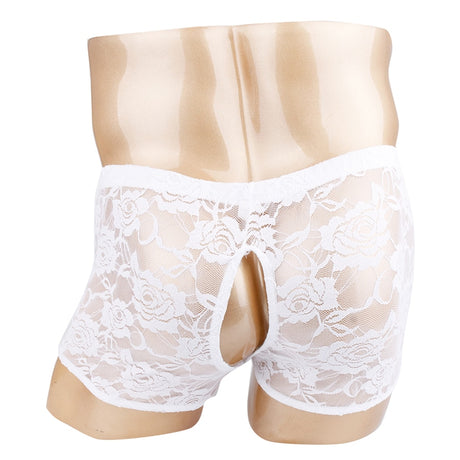 iEFiEL Sexy Lingerie Boxer Shorts Mens Male See-through Sheer Lace Open Butt Gay Panties Open Pouch Sissy Underwear Underpants