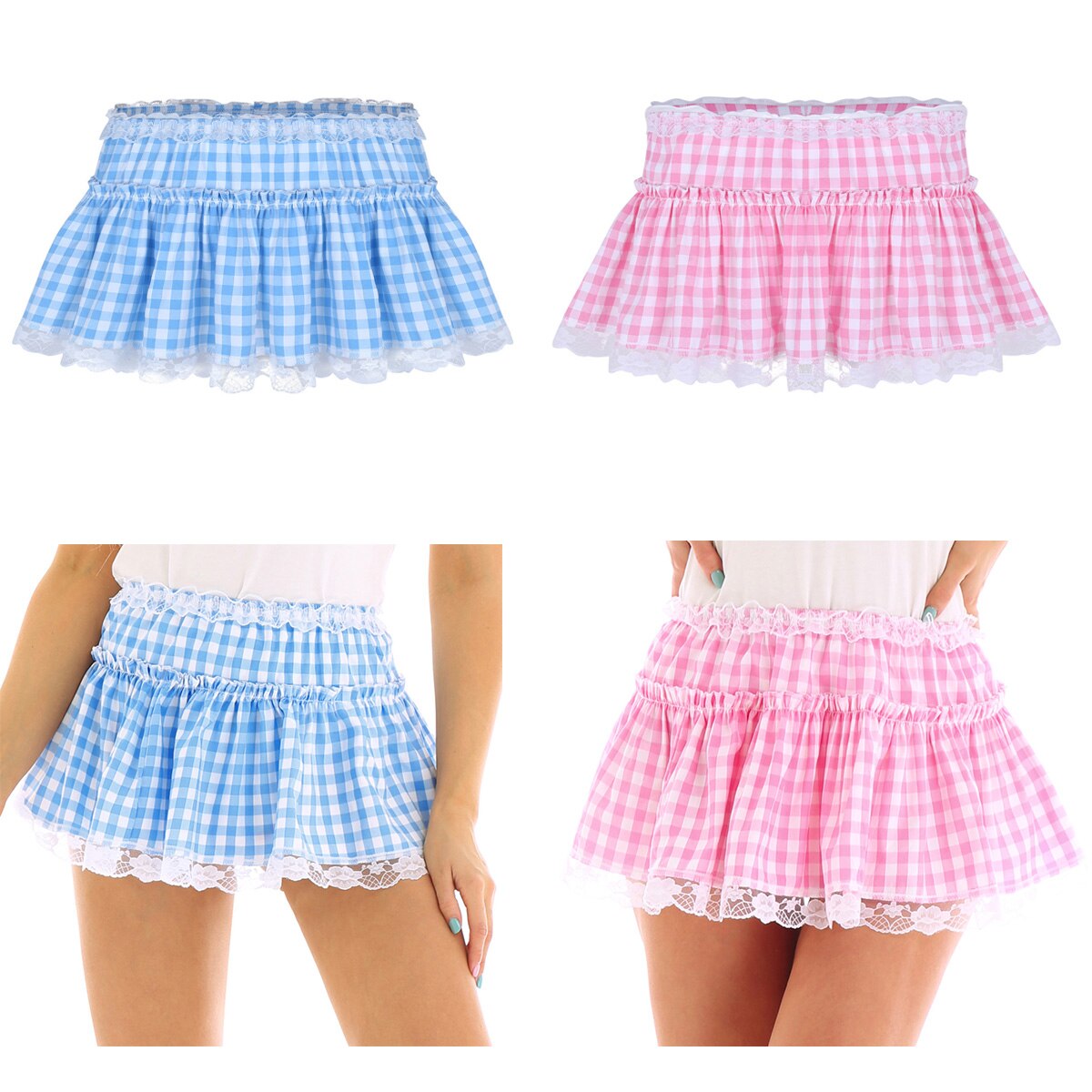 Unisex Men Women A-line Mini Skirt  Men Sexy Sissy Skirt Elastic Waistband Short Skirt with Lace Hem Pleated Gingham Roleplay