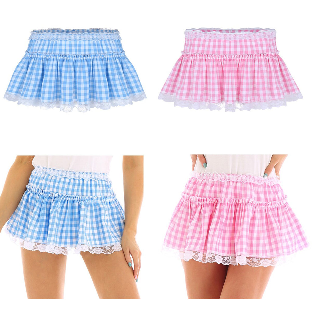 Unisex Men Women A-line Mini Skirt  Men Sexy Sissy Skirt Elastic Waistband Short Skirt with Lace Hem Pleated Gingham Roleplay