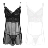 iEFiEL Sexy Male Sleeveless Mens Lingerie Mesh Mini Lace Dress with G-string Nightwear Sleepwear Set Sissy String Underwear