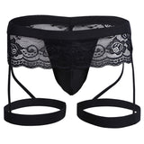 Sexy Lingerie Lace Mens Thongs and G-strings Bikini Gay Underwear Underpants Bulge Pouch Open Crotch Sissy Panties with Garters