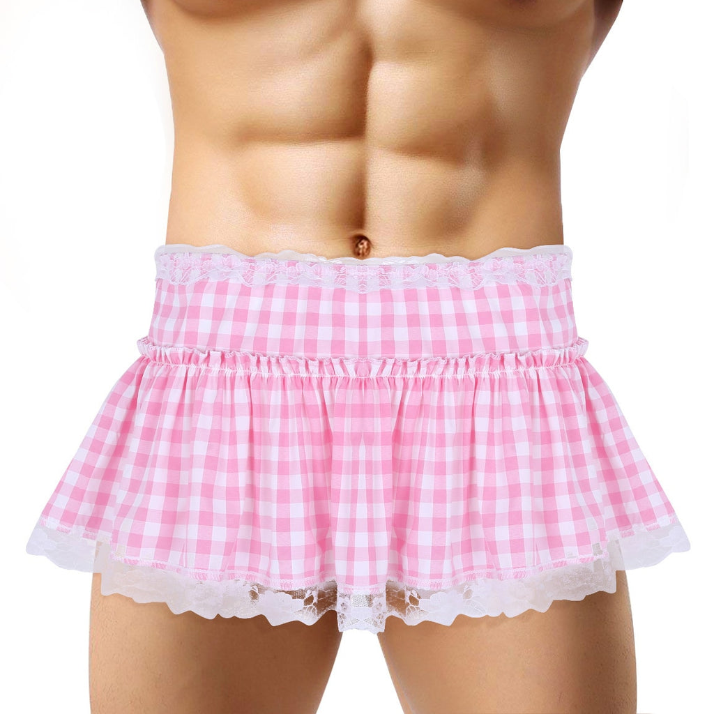 Unisex Men Women A-line Mini Skirt  Men Sexy Sissy Skirt Elastic Waistband Short Skirt with Lace Hem Pleated Gingham Roleplay