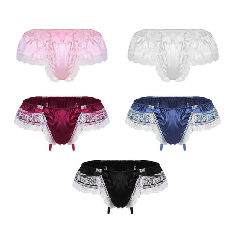 Sexy Male Mens Sissy Shiny Soft Satin Lingerie Double Layers Floral Lace Back with Big Bowknot Low Rise Bikini Thong Underwear