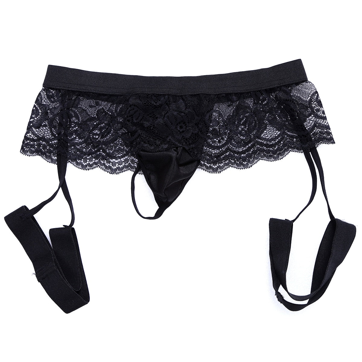 Sexy Lingerie Lace Mens Thongs and G-strings Bikini Gay Underwear Underpants Bulge Pouch Open Crotch Sissy Panties with Garters