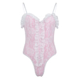 Sissy Pink High Cut Ruffle Floral Lace Teddy