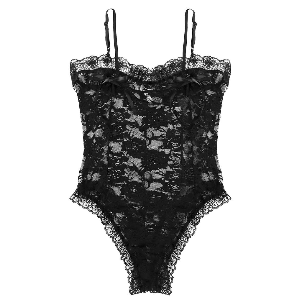 Sexy Male Mens One-Piece Crossdress Lingerie Floral Lace See Through Mesh Sissy Pouch Bodysuit Sexy Mens Lingerie Nightwear