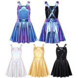 Womens Shiny Metallic Holographic Dress Costumes Clubwear A-line Pleated Bib Overall Pinafore Sissy Dress Braces Mini Suspender