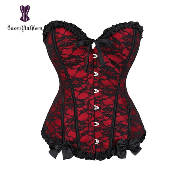 Red Mesh Grid Lingerie Corset With Floral Lace
