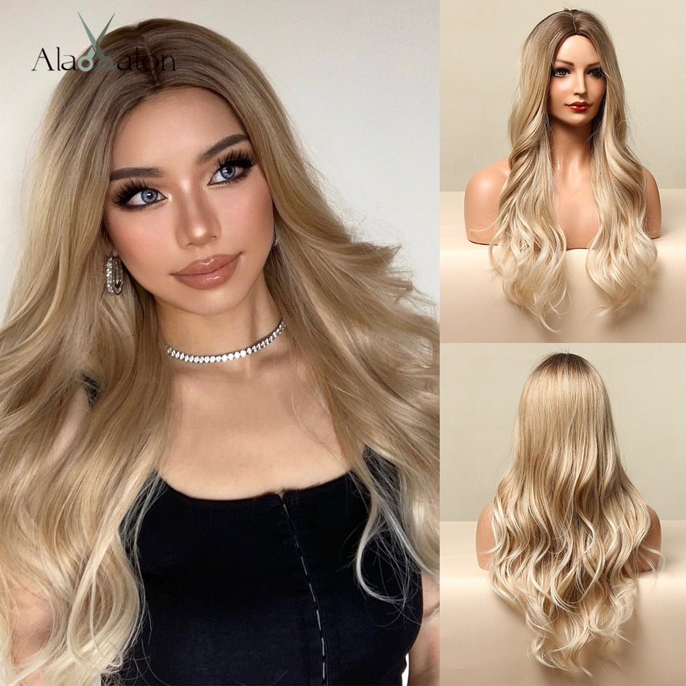 ALAN EATON Middle Part Blonde Long Wavy Synthetic Wig