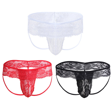 Men Lingerie Panties Lace Bikini Male Gay T-Back Underwear Underpants See-through Bulge Pouch String Homme Underwear