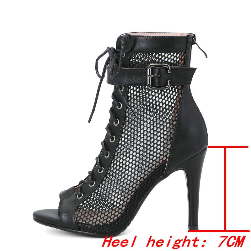 Mesh Short Boots Zipper Back High Heels