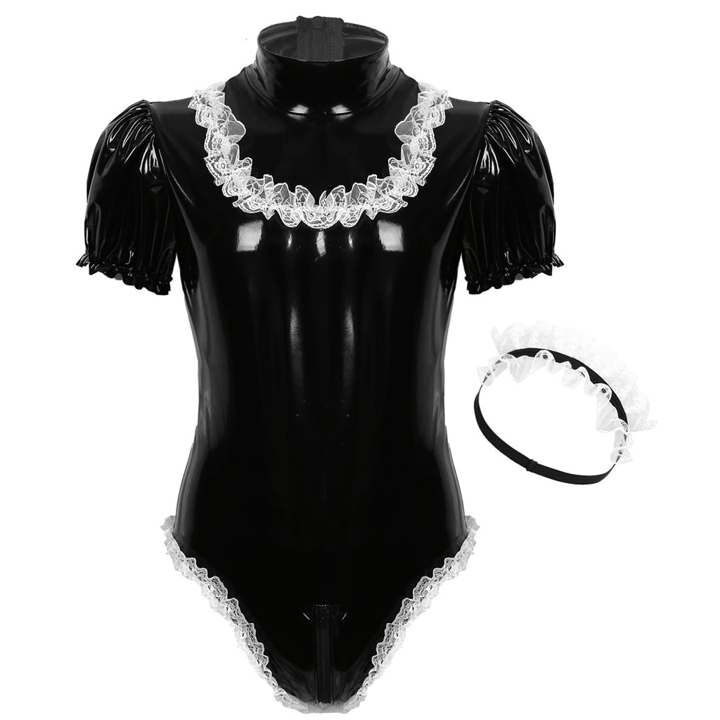 Sexy Fashion Mens Male Adults Sissy Maid Cosplay Costume Wet Look Patent Leather High Neck Short Puff Sleeve Leotard Bodysuit