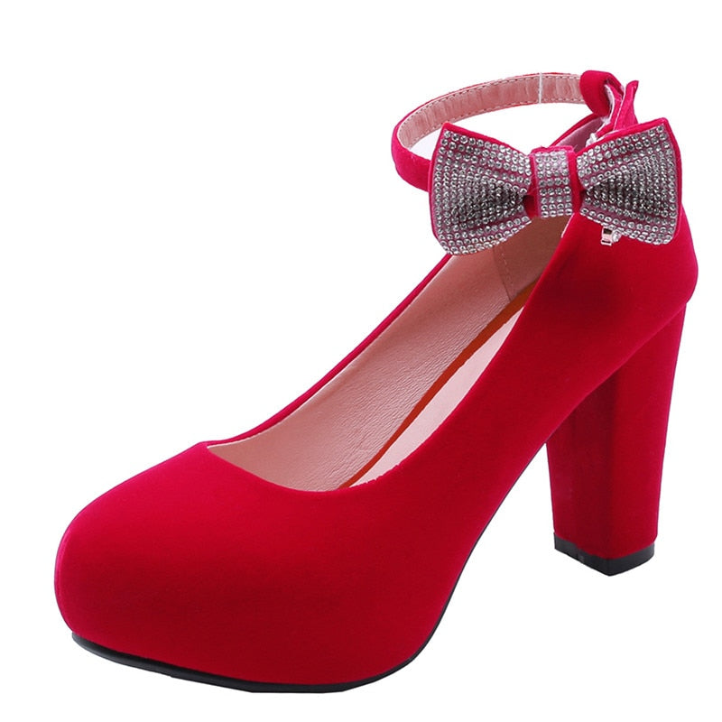 Crystal Bowtie Square Heels With Ankle Strap
