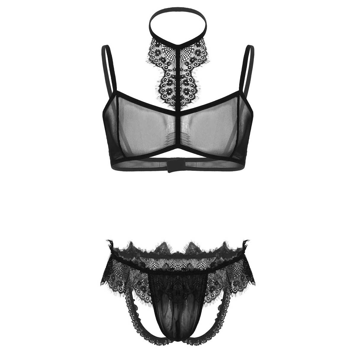 Sexy Sissy See Through Sheer Lace Trim Lingerie Set