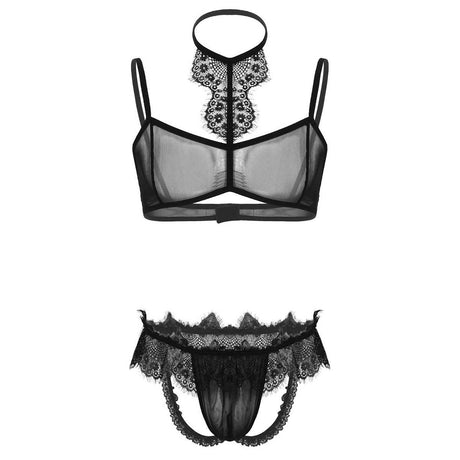 Sexy Sissy See Through Sheer Lace Trim Lingerie Set