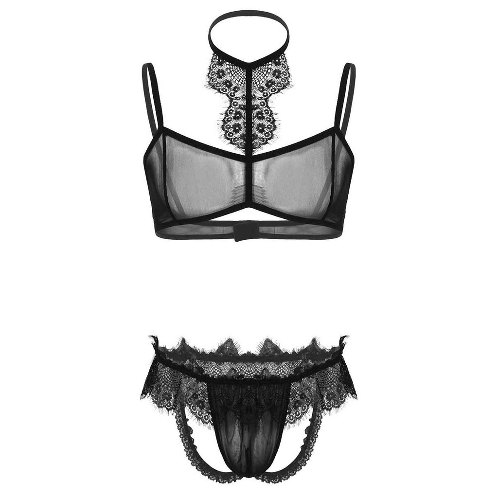 Sexy Sissy See Through Sheer Lace Trim Lingerie Set