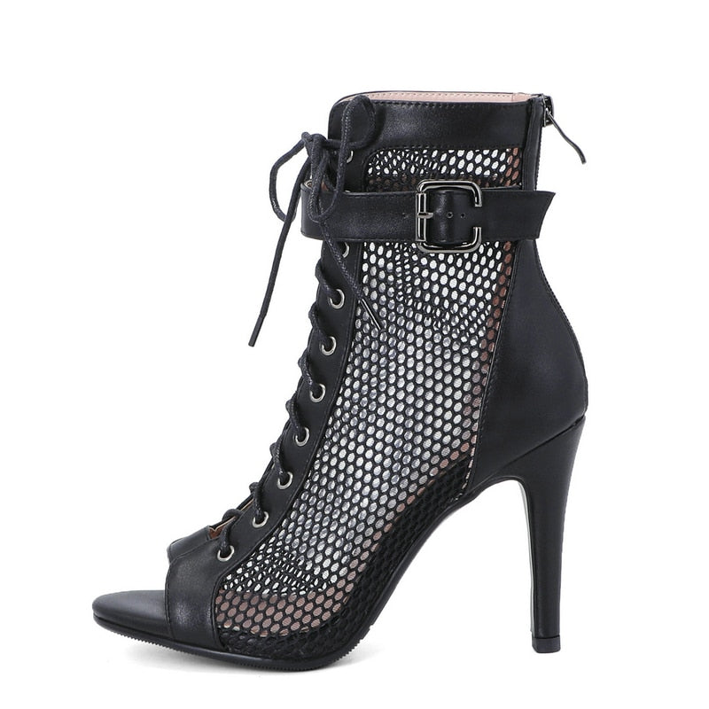 Mesh Short Boots Zipper Back High Heels