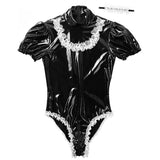 Sexy Fashion Mens Male Adults Sissy Maid Cosplay Costume Wet Look Patent Leather High Neck Short Puff Sleeve Leotard Bodysuit