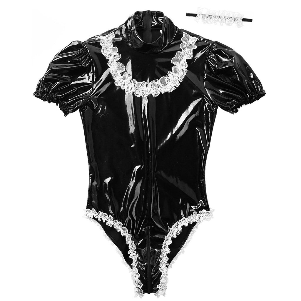Sexy Fashion Mens Male Adults Sissy Maid Cosplay Costume Wet Look Patent Leather High Neck Short Puff Sleeve Leotard Bodysuit