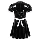 Adult Mens Sissy Maid Role Play Cosplay Costume Set Short Puff Sleeve Wet Look Patent Leather Servant Uniform Flared Dress