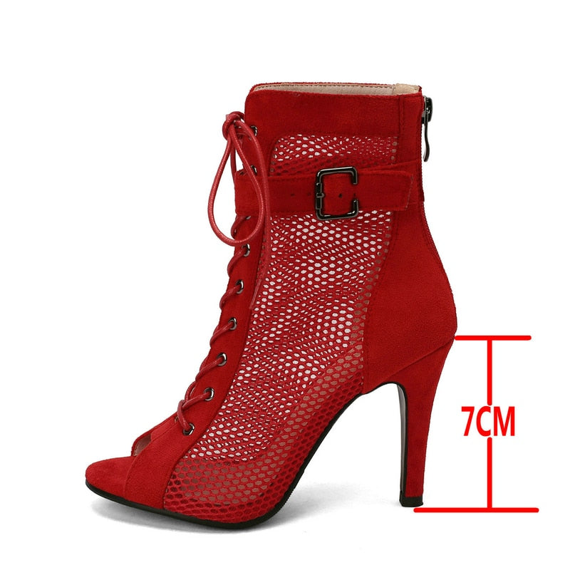 Mesh Short Boots Zipper Back High Heels