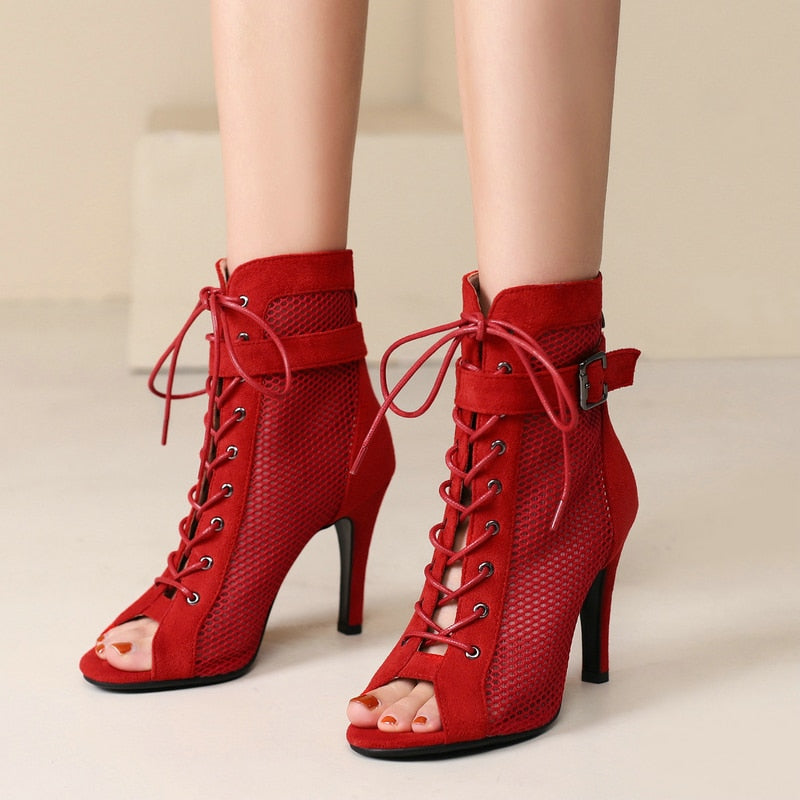 Mesh Short Boots Zipper Back High Heels