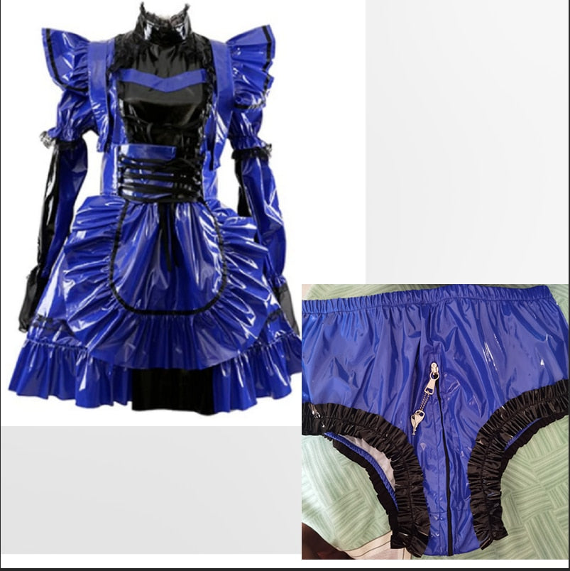 Lockable Blue Maid PVC Dress with Apron